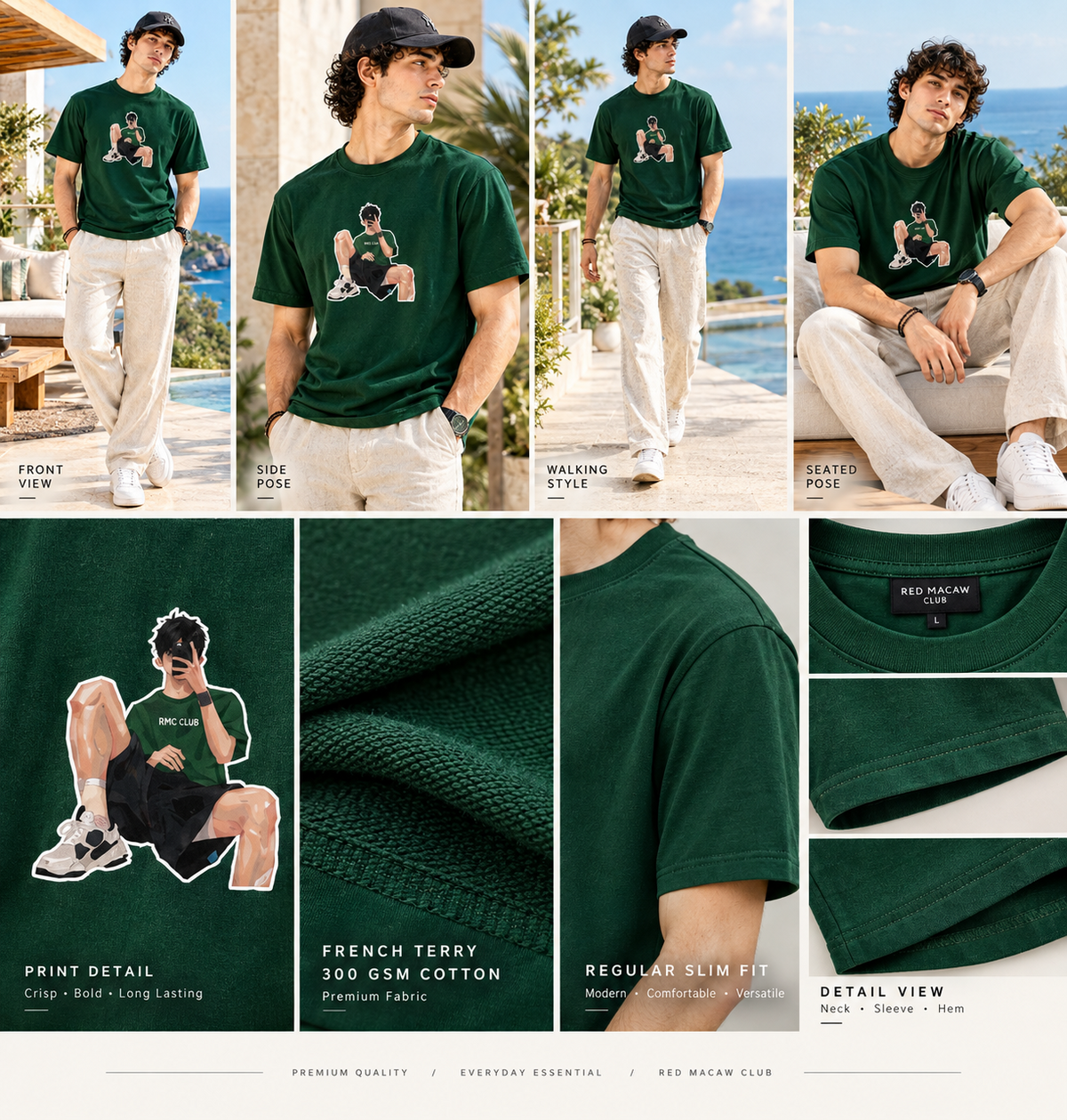 RMC 77 a MINIMALIST REGULAR SLIM FIT BOTTLE GREEN TEE- FRENCH TERRY 240 GSM