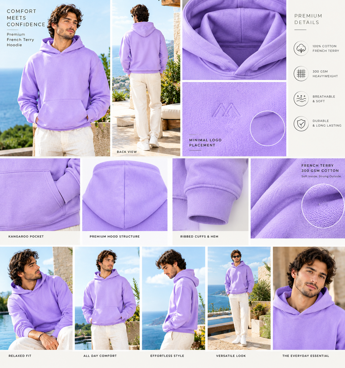 MINIMALIST UNISEX LAVENDER HOODIE- 300 GSM FRENCH TERRY