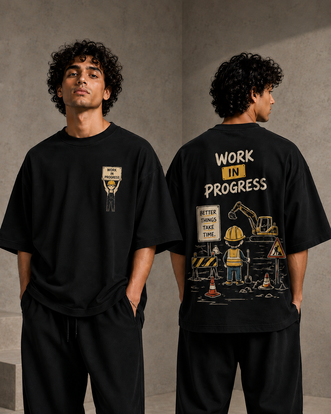 Work in Progress-Oversized Drop Shoulder Streetwear Tshirt-Black Colour
