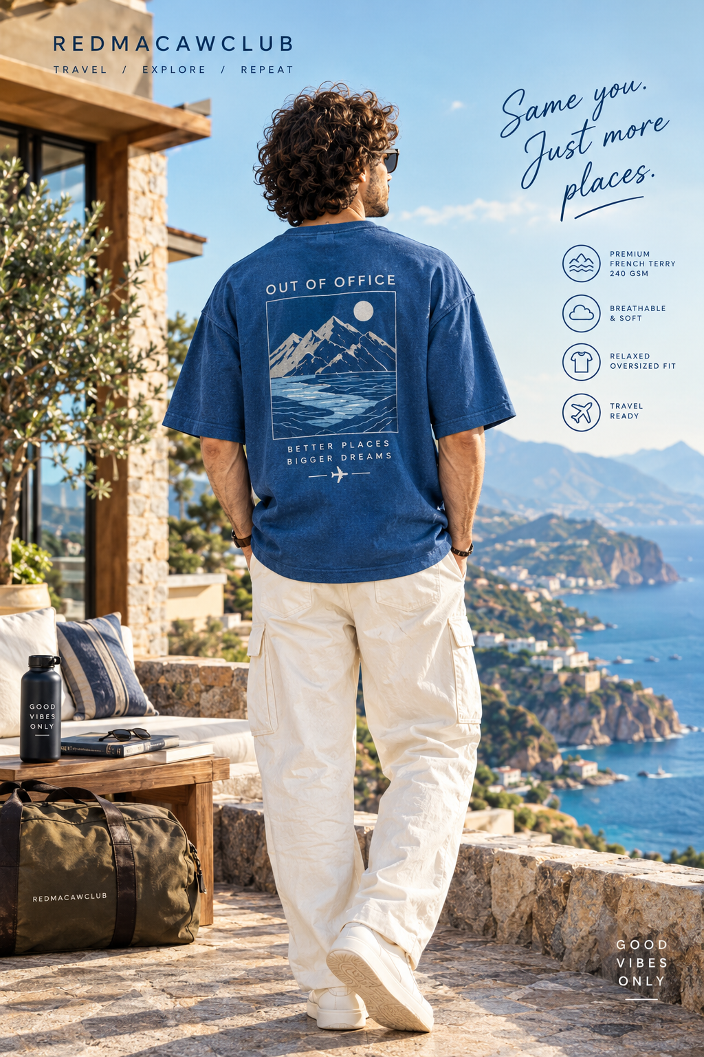 TRAVEL TEE - OUT OF OFFICE OVERSIZED DROP SHOULDER COOL BLUE TEE - 240 GSM FRENCH TERRY