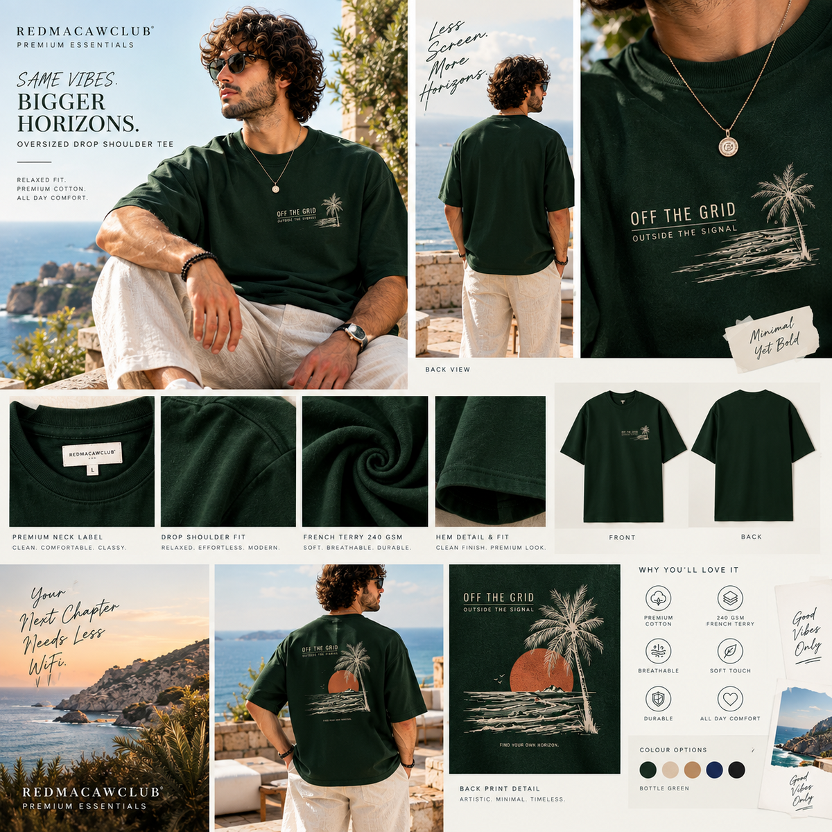 OFF THE GRID OVERSIZED DROP SHOULDER GREEN TEE - 240 GSM FRENCH TERRY