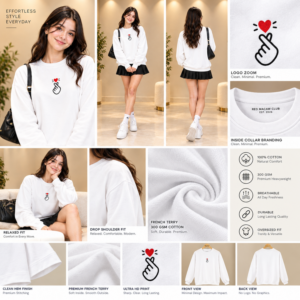 K HEART- WOMENS WHITE SWEATSHIRT - 300 GSM