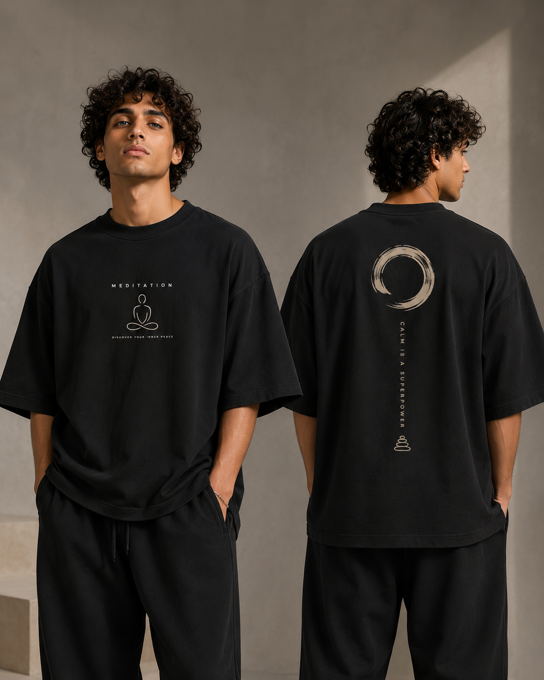 Meditation-Oversized Drop Shoulder Tshirt-Black Colour