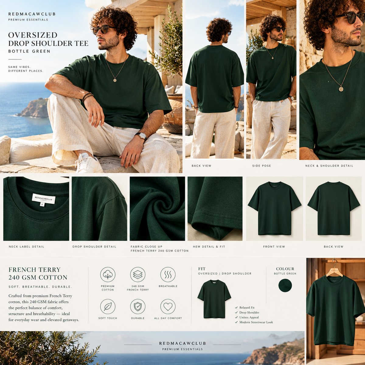 MINIMALIST OVERSIZED DROP SHOULDER GREEN TEE - 240 GSM FRENCH TERRY