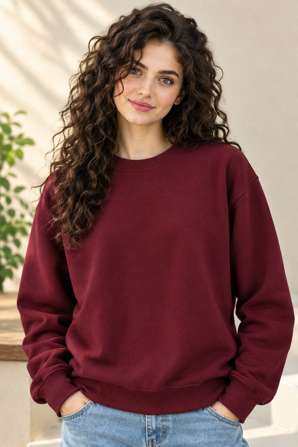 Girl With Flower- Crewneck Maroon Sweatshirt-300 GSM