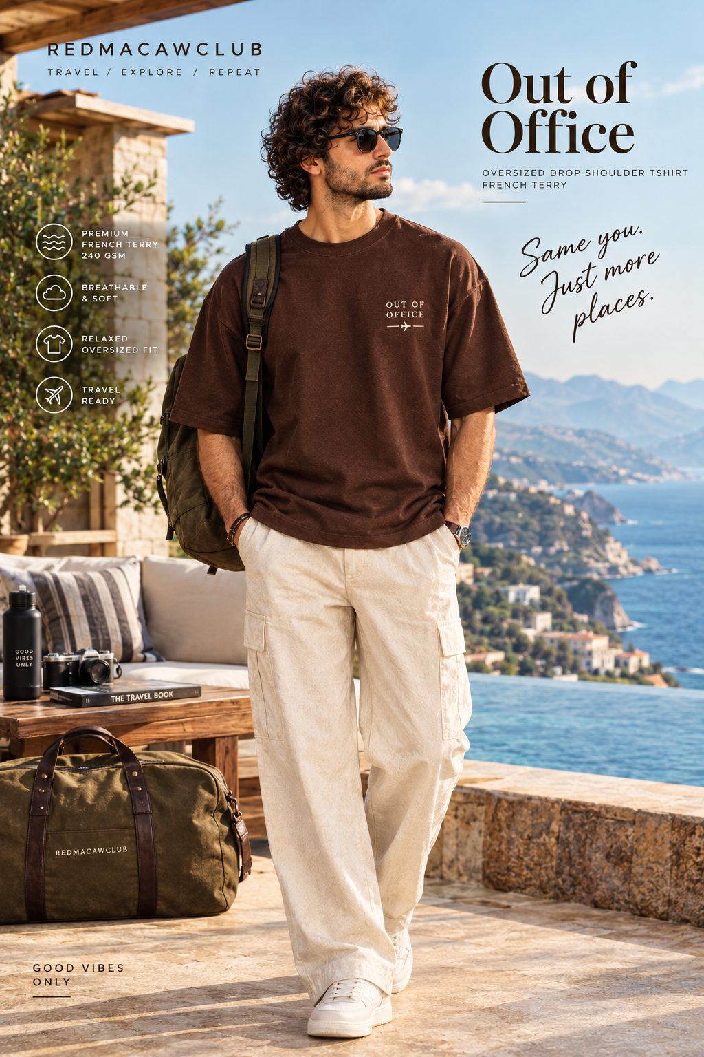 TRAVEL TEE - OUT OF OFFICE OVERSIZED DROP SHOULDER COFFEE BROWN- 240 GSM FRENCH TERRY