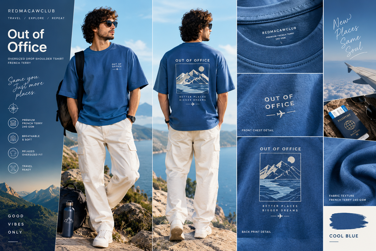 TRAVEL TEE - OUT OF OFFICE OVERSIZED DROP SHOULDER COOL BLUE TEE - 240 GSM FRENCH TERRY