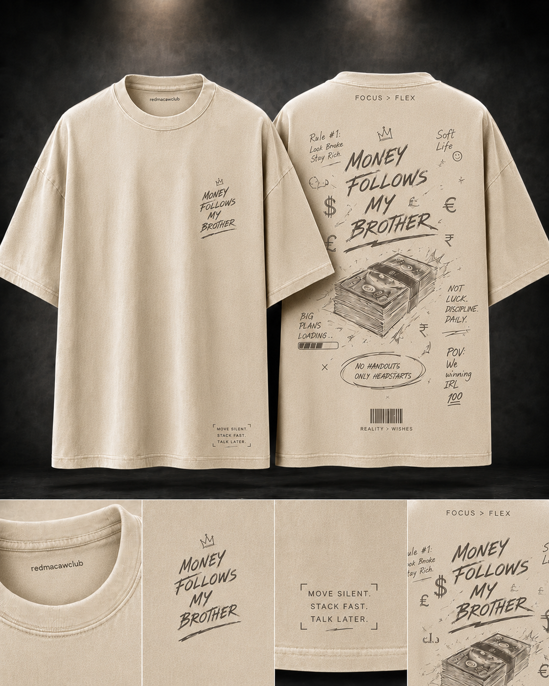 Money Follows My Brother-Oversized Drop Shoulder Streetwear Tshirt- Beige colour