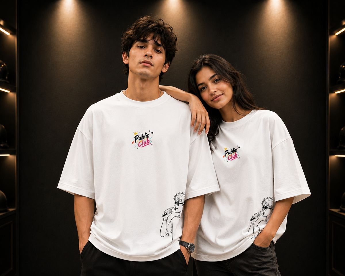 Public Club-Oversized Drop Shoulder Streetwear Tshirt-White Colour