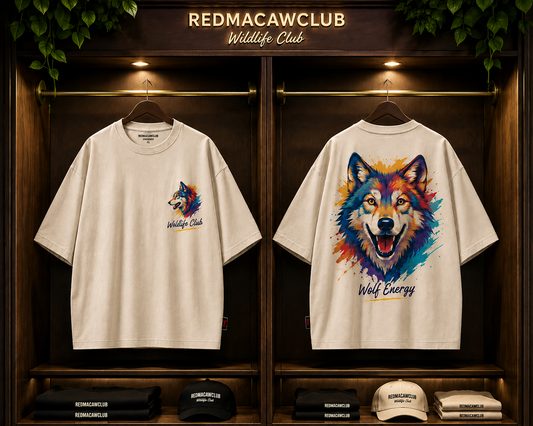 Wildlife Club-Oversized Drop Shoulder Streetwear Tshirt-Beige Colour