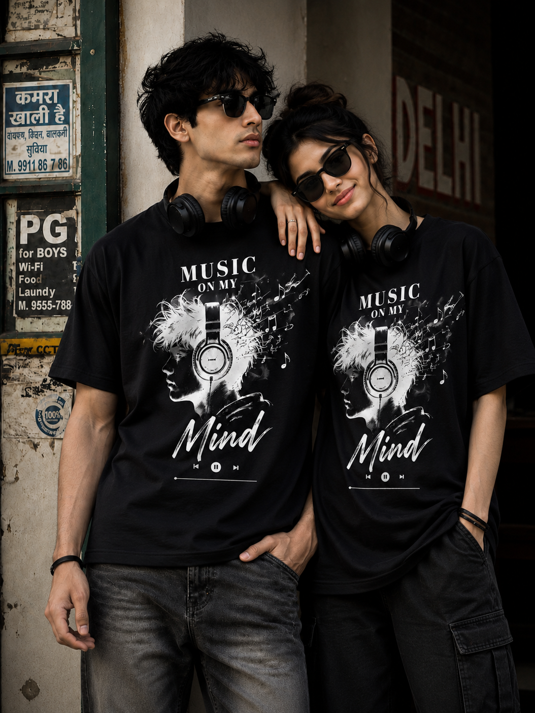 Live Through Music-Oversized Drop Shoulder Streetwear Tshirt-Black Colour