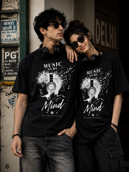 Live Through Music-Oversized Drop Shoulder Streetwear Tshirt-Black Colour