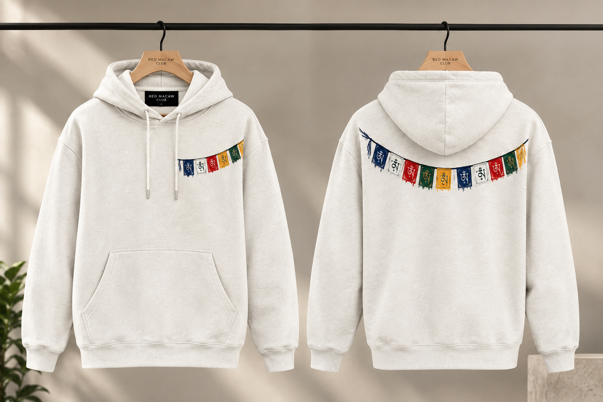 Tibetan prayer flags (Lung ta) White Hoodie-350 GSM