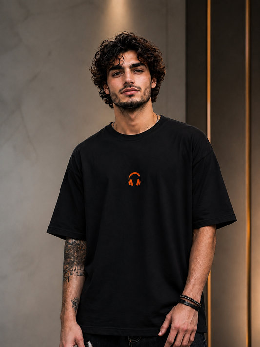 Headphone Edition Oversized Drop Shoulder Tshirt-Black Colour