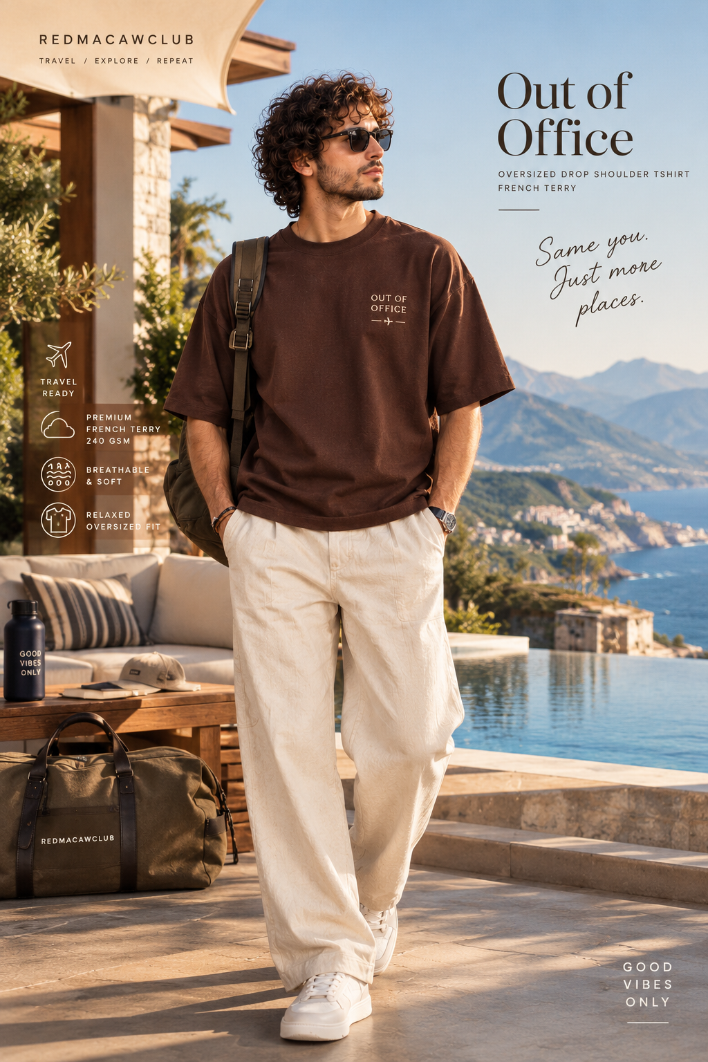 TRAVEL TEE - OUT OF OFFICE OVERSIZED DROP SHOULDER COFEE BROWN 240 GSM FRENCH TERRY