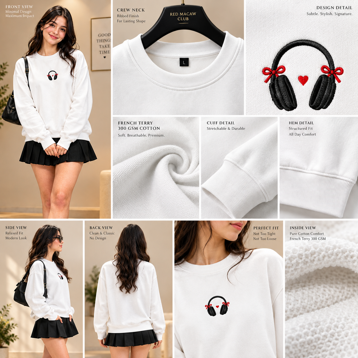 HEADPHONE LOVE - WOMENS WHITE SWEATSHIRT - 300 GSM