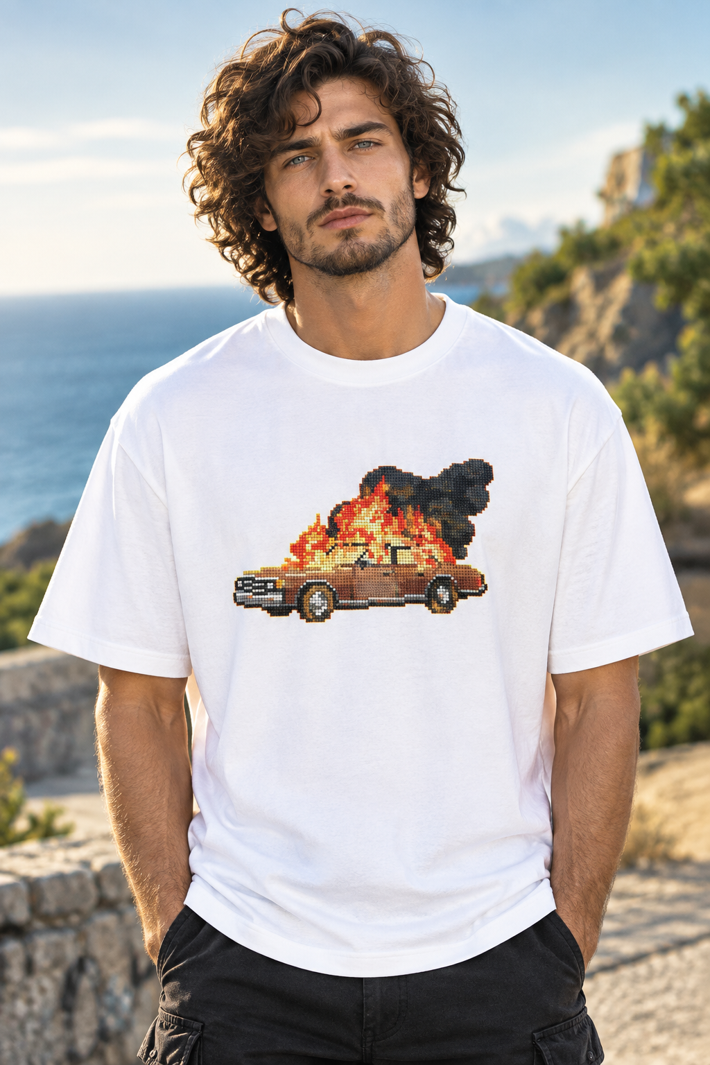 Retro Pixel Art-Car on Fire-Regular Slim Fit Crew Neck White T-shirts