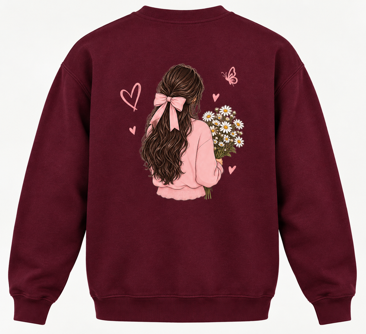 Girl With Flower- Crewneck Maroon Sweatshirt-300 GSM
