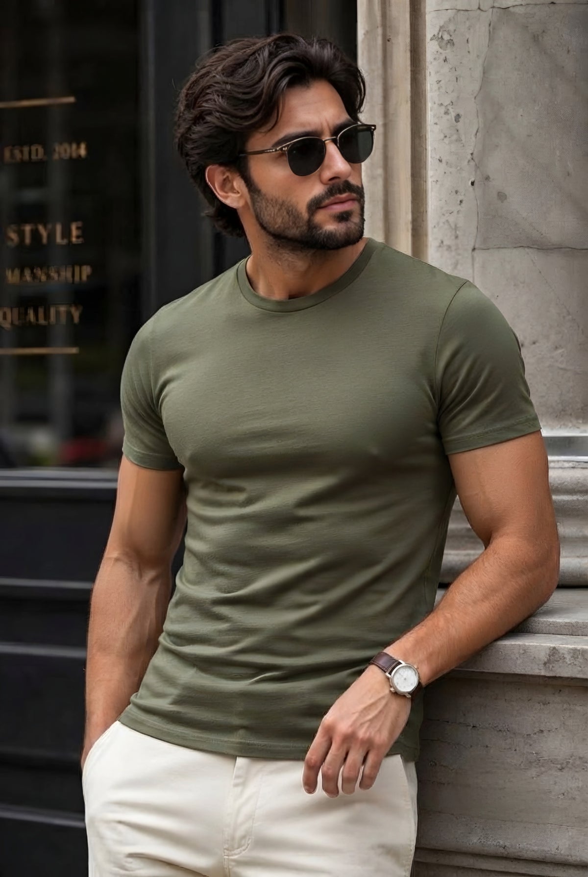 MINIMALIST REGULAR SLIM FIT OLIVE GREEN TEE - 240 GSM FRENCH TERRY