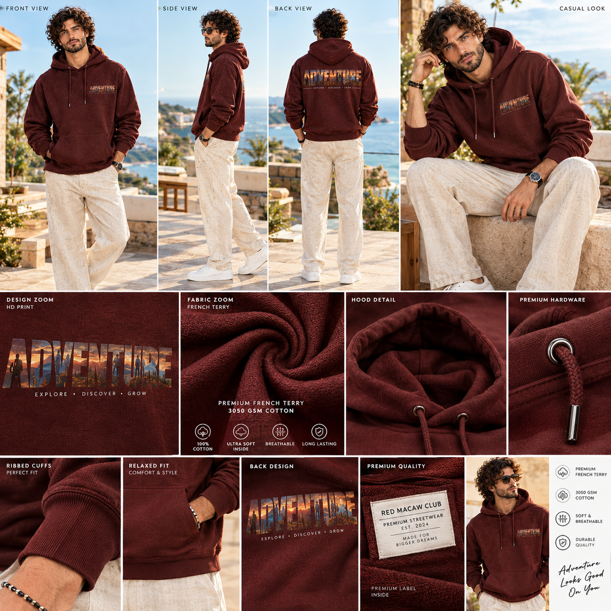 ADVENTURE UNISEX MAROON HOODIE - 350 GSM FLEECE COTTON