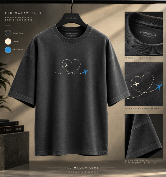 A FLIGHT PATH TO THE HEART - OVERSIZED DROP SHOULDER SMOKEY GREY TEE - 240 GSM FRENCH TERRY