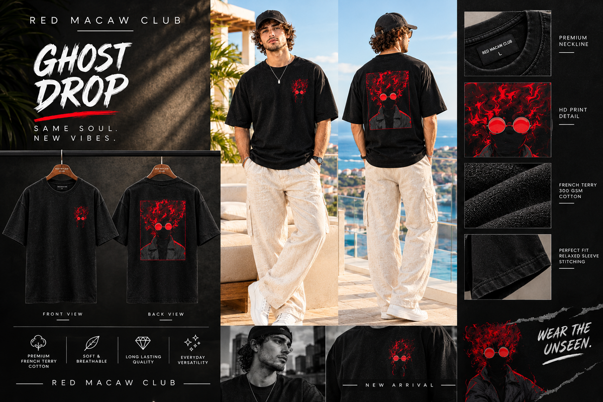 GHOST FIRE - OVERSIZED DROP SHOULDER BLACK TEE - 240 GSM FRENCH TERRY