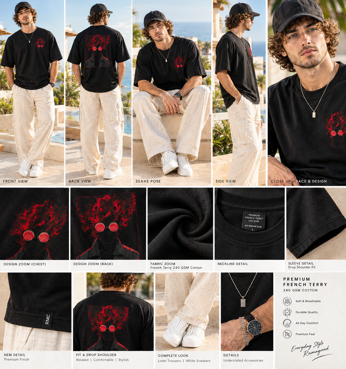 GHOST FIRE - OVERSIZED DROP SHOULDER BLACK TEE - 240 GSM FRENCH TERRY