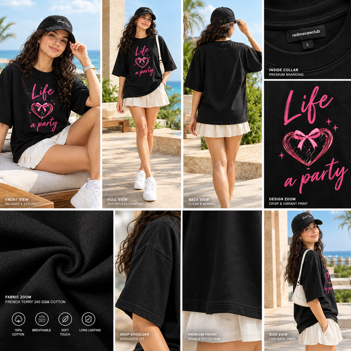 LIFE IS A PARTY - OVERSIZED DROP SHOULDERBLACK TEE - 240 GSM French Terry