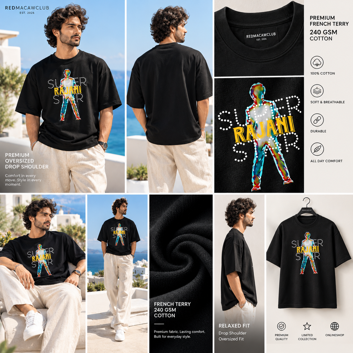 SUPER RAJANI STAR - OVERSIZED DROP SHOULDER BLACK TEE - 240 GSM FRENCH TERRY