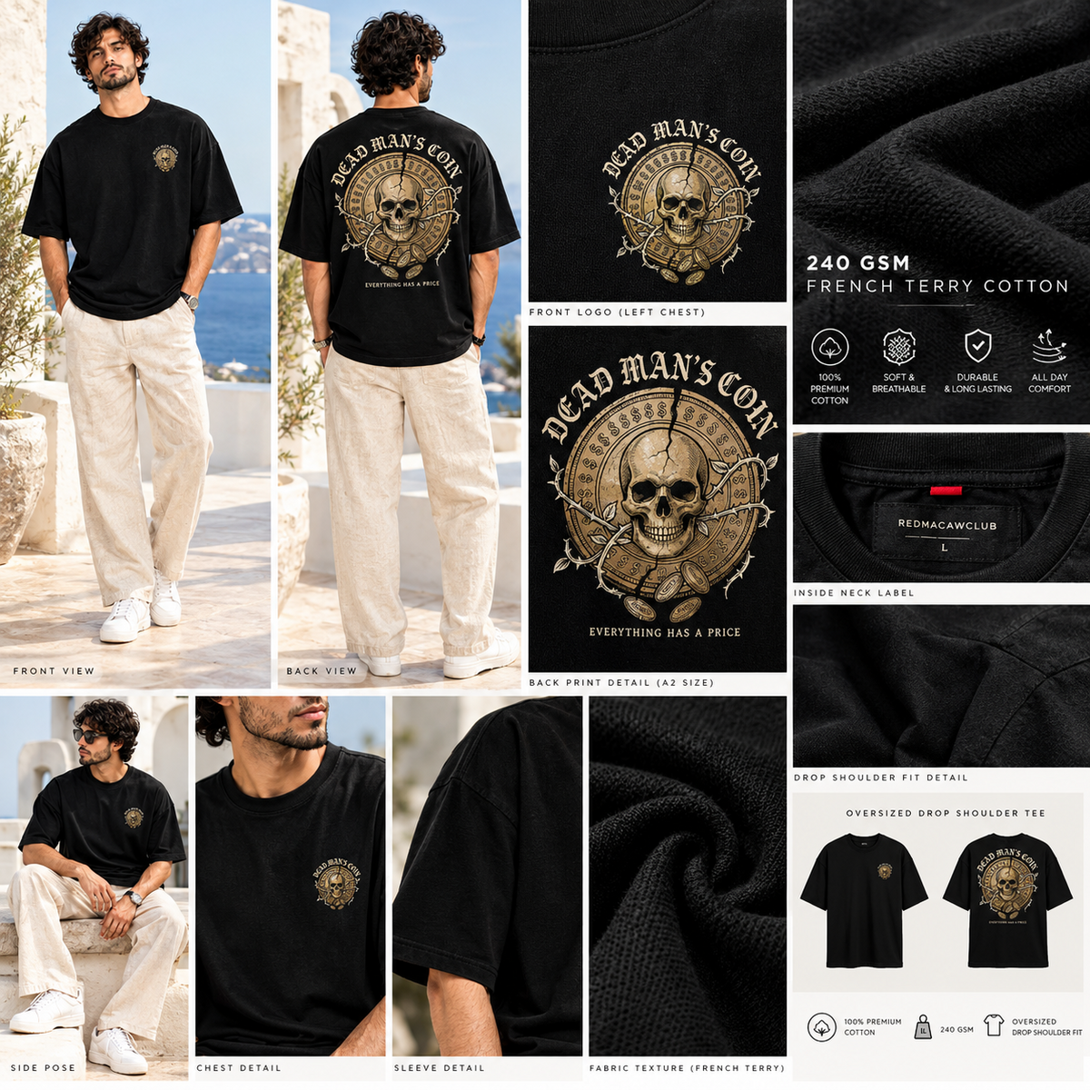 DEAD MANS COIN - OVERSIZED DROP SHOULDER BLACK TEE - 240 GSM FRENCH TERRY