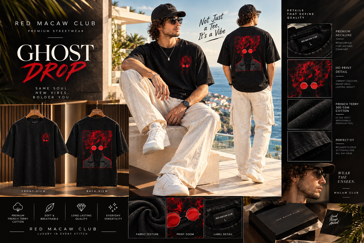 GHOST FIRE - OVERSIZED DROP SHOULDER BLACK TEE - 240 GSM FRENCH TERRY