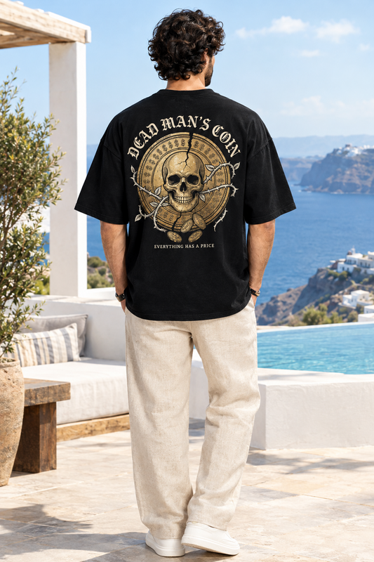 DEAD MANS COIN - OVERSIZED DROP SHOULDER BLACK TEE - 240 GSM FRENCH TERRY