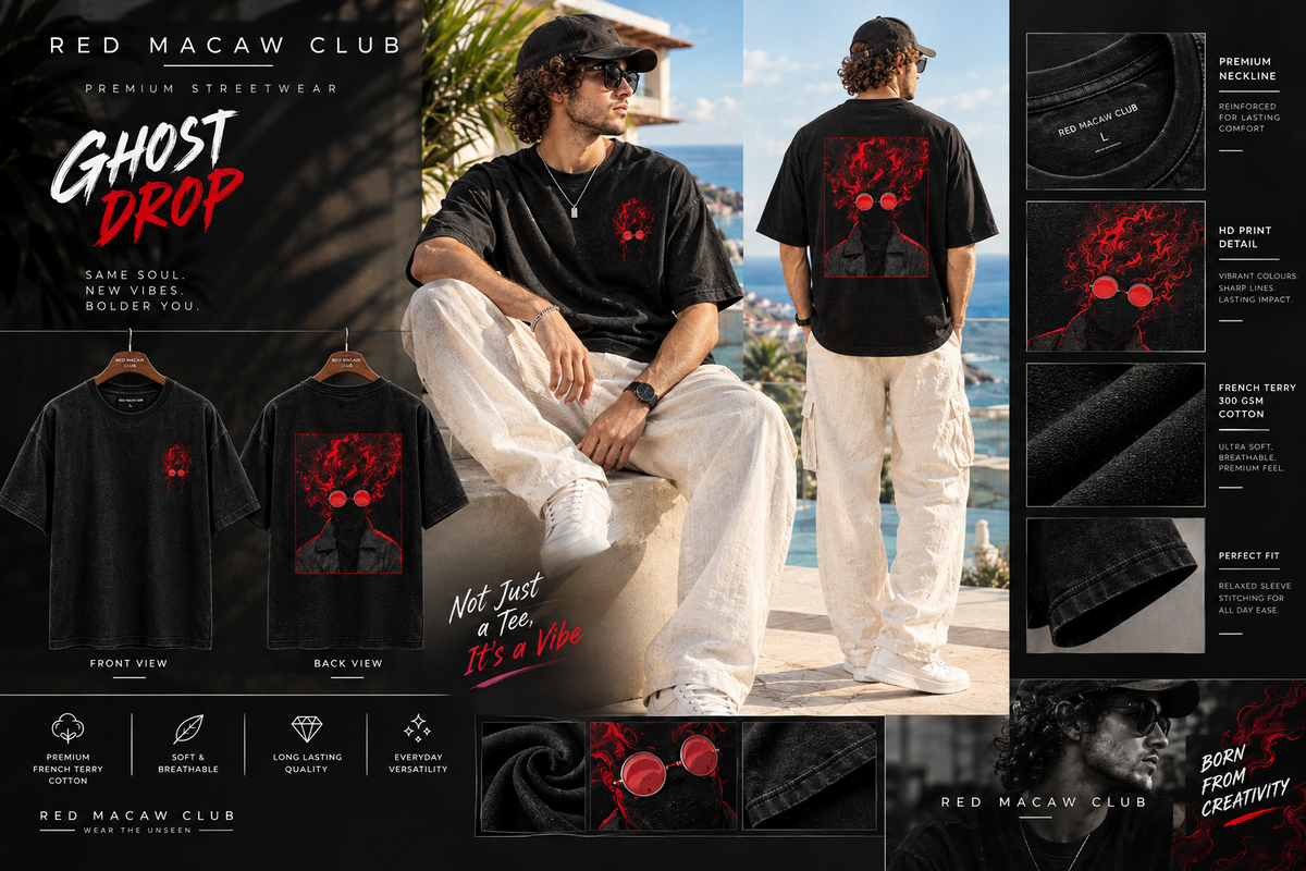 GHOST FIRE - OVERSIZED DROP SHOULDER BLACK TEE - 240 GSM FRENCH TERRY