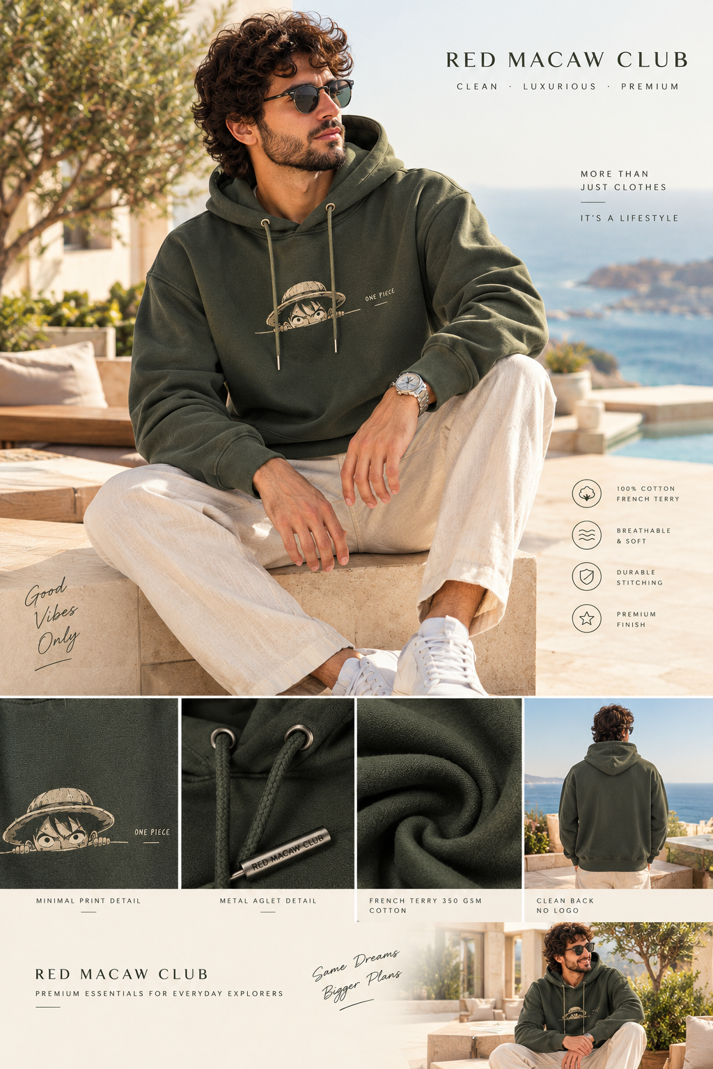 LUFFY - ONE PIECE - UNISEX HOODIE OLIVE GREEN- 300 GSM COTTON